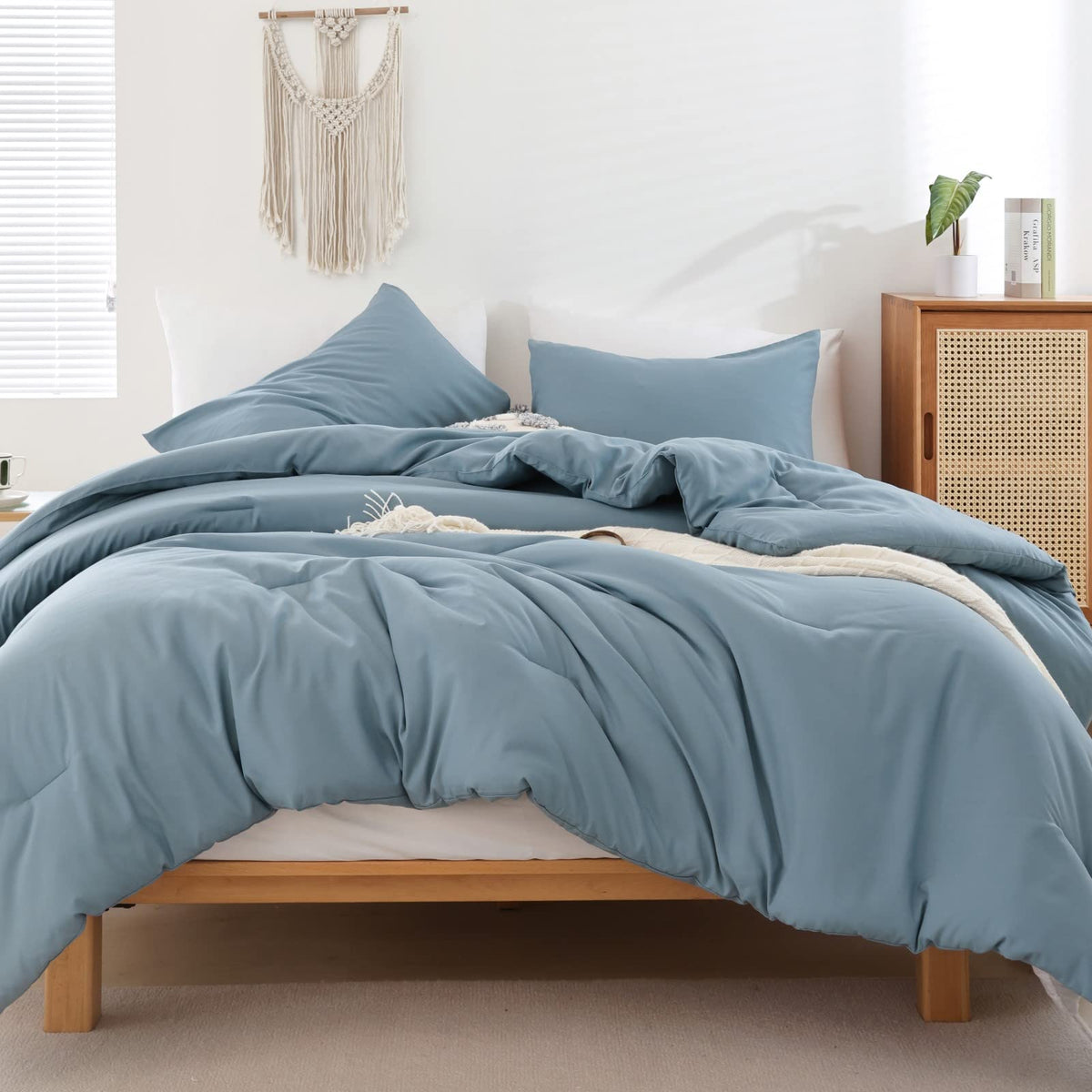 ROSGONIA dusty blue comforter front view showing clean styling and calming color
