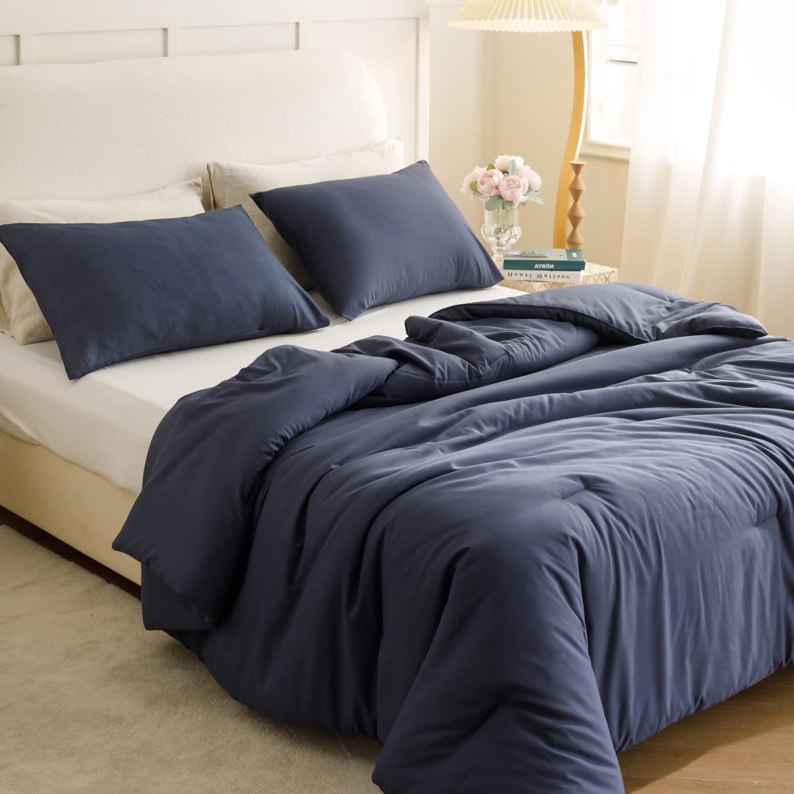 ROSGONIA front view of navy comforter set showing neat packaging and fit