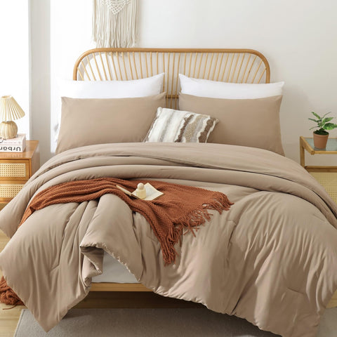 ROSGONIA front view of taupe cal king comforter set shows clean styling and easy matching