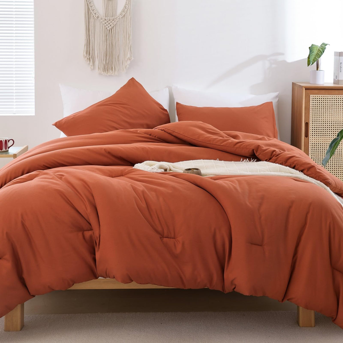 ROSGONIA front view of burnt orange comforter showing full coverage and warm tone