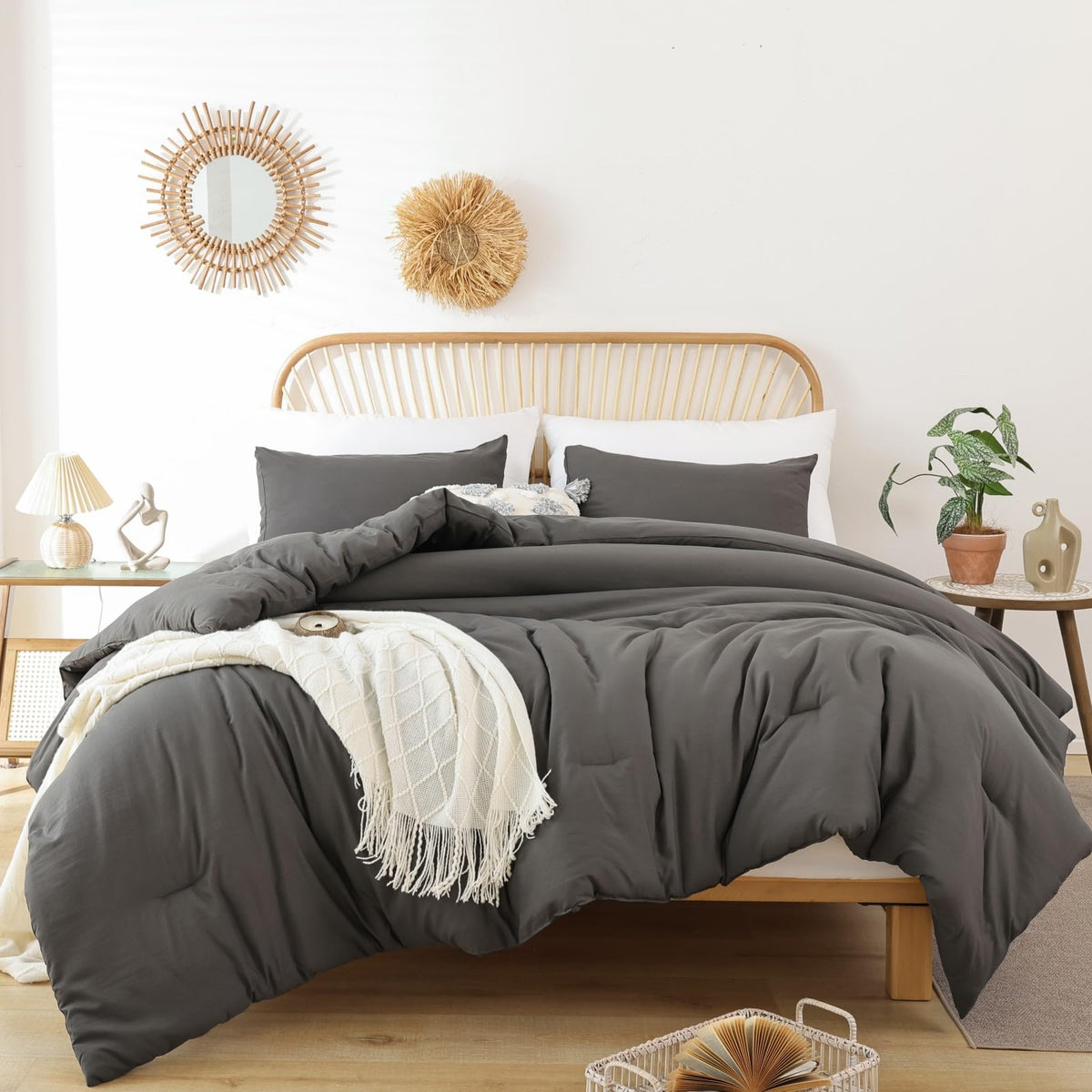 ROSGONIA front view comforter on king bed showing full coverage and neutral style