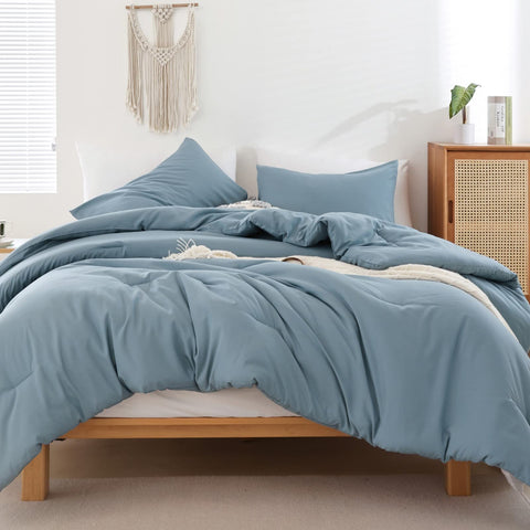 ROSGONIA front view of dusty blue comforter set showing full coverage and neat finish