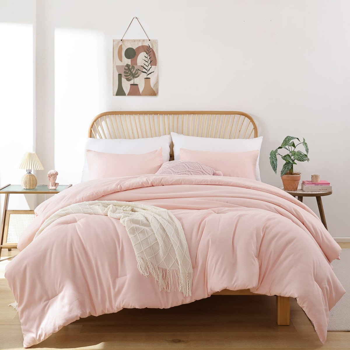ROSGONIA full comforter front view showing soft blush and clean drape for cozy aesthetics