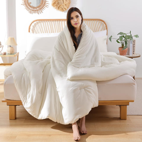 ROSGONIA comforter on styled bedroom showing versatile neutral decor pairing