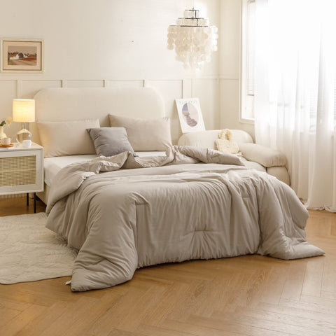 ROSGONIA nightstand lifestyle shot showing how the comforter enhances bedroom ambiance