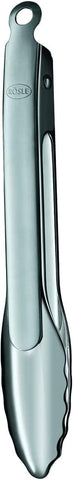 Rösle front view of 9-inch tongs showing sleek stainless steel and balanced design for control