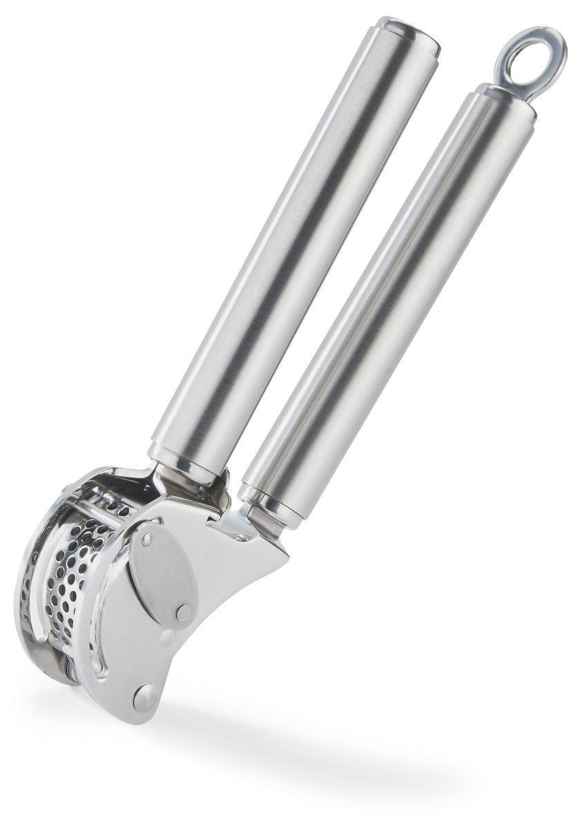 Rösle front view of garlic press showing durable build and precise mincing benefit