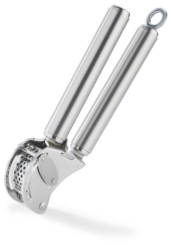 Rösle front view of garlic press showing durable build and precise mincing benefit