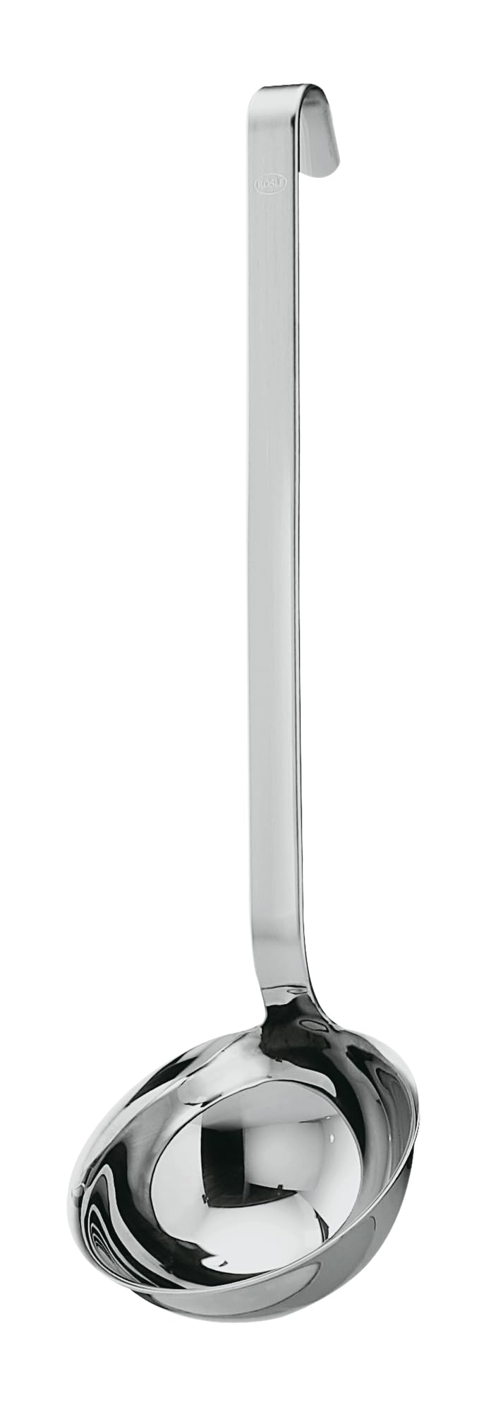 Rösle ladle front view showing clean pouring rim and durable design
