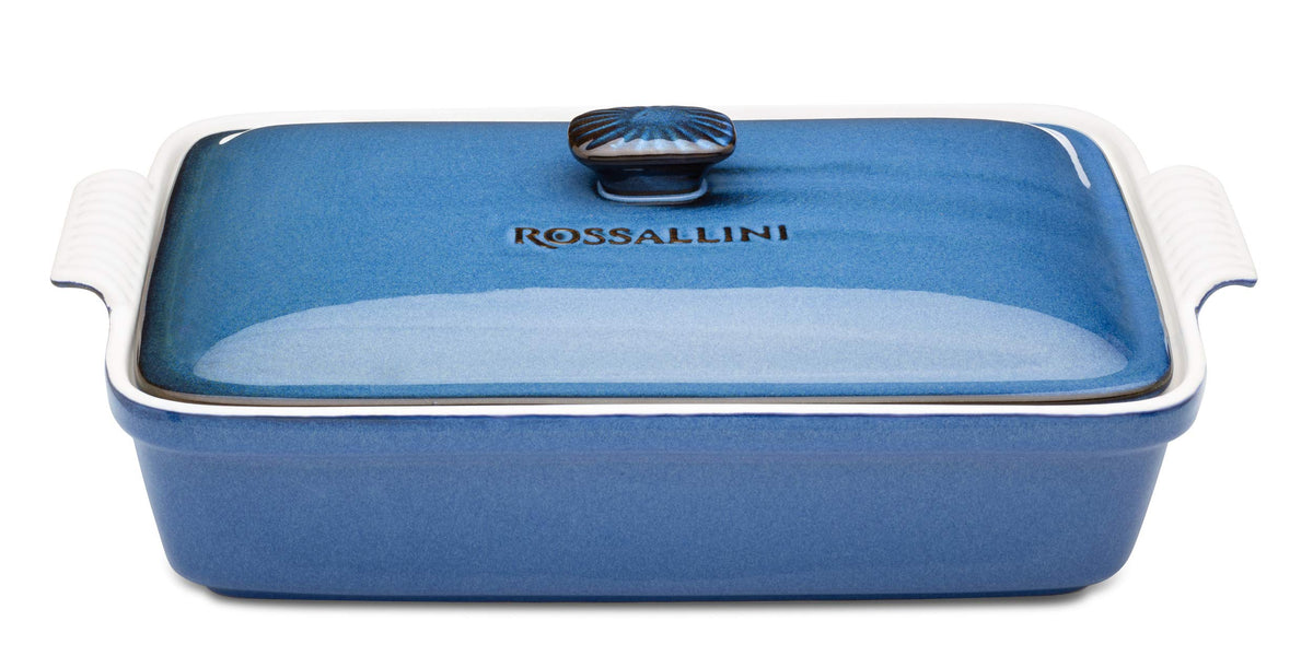 ROSSALLINI front view of casserole dish showing sleek Blu Indaco finish and lid, great presentation