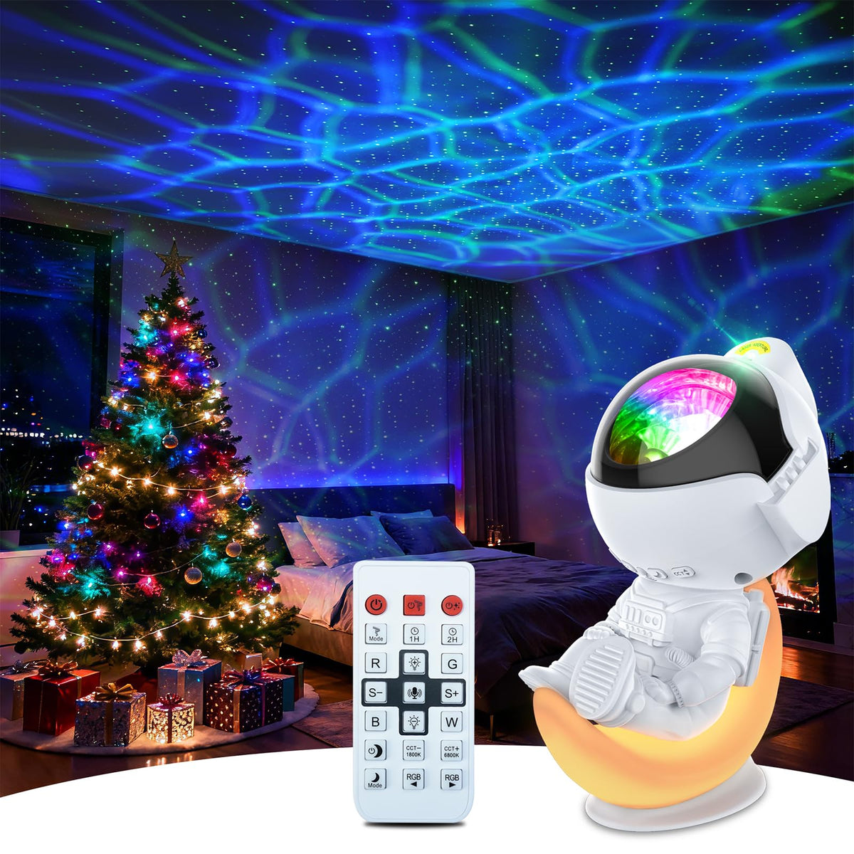 Rossetta astronaut projector front view showing sculptural moon seat and base, attractive décor