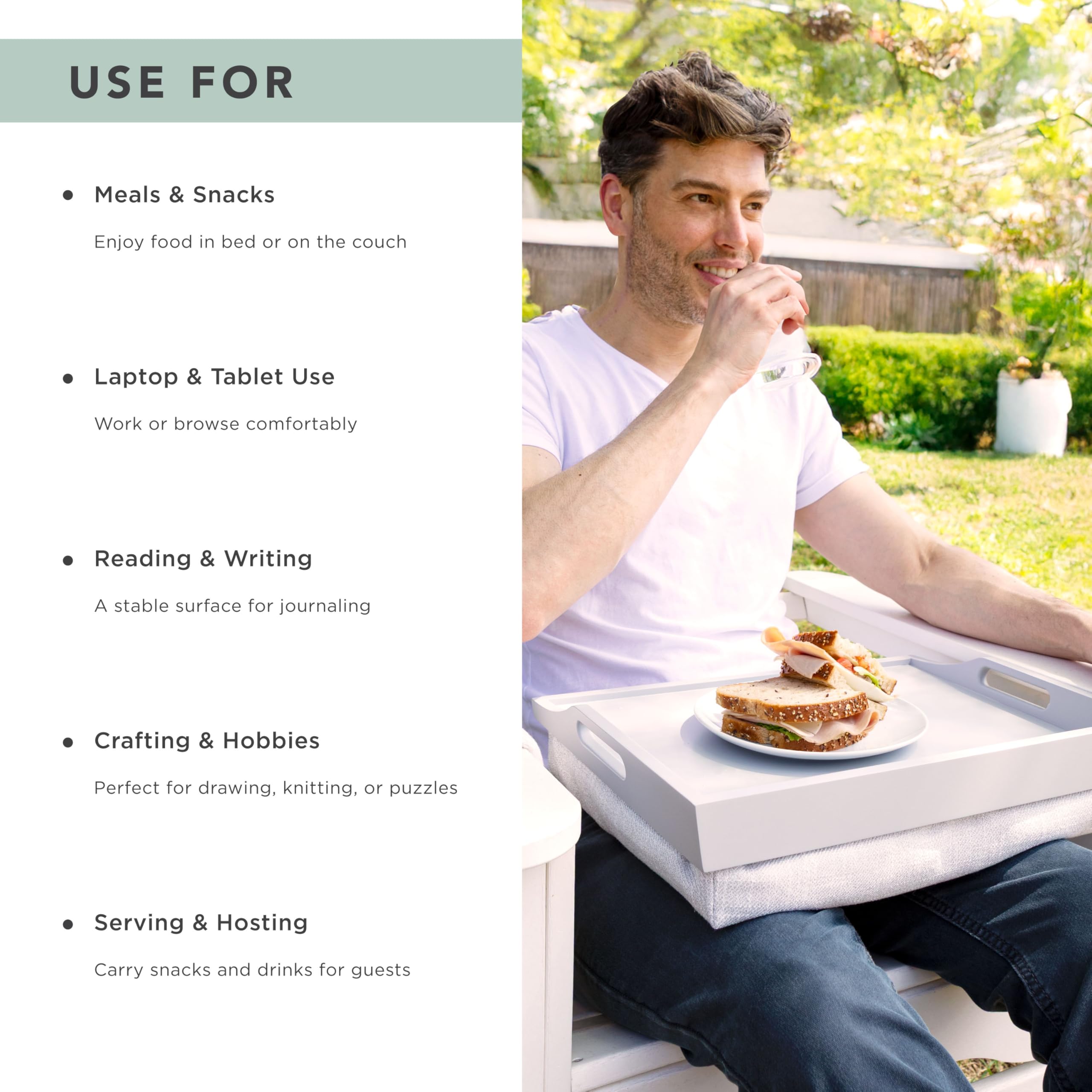 Rossie Home tray held by hand to show compact size and portable convenience