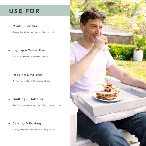Rossie Home tray held by hand to show compact size and portable convenience