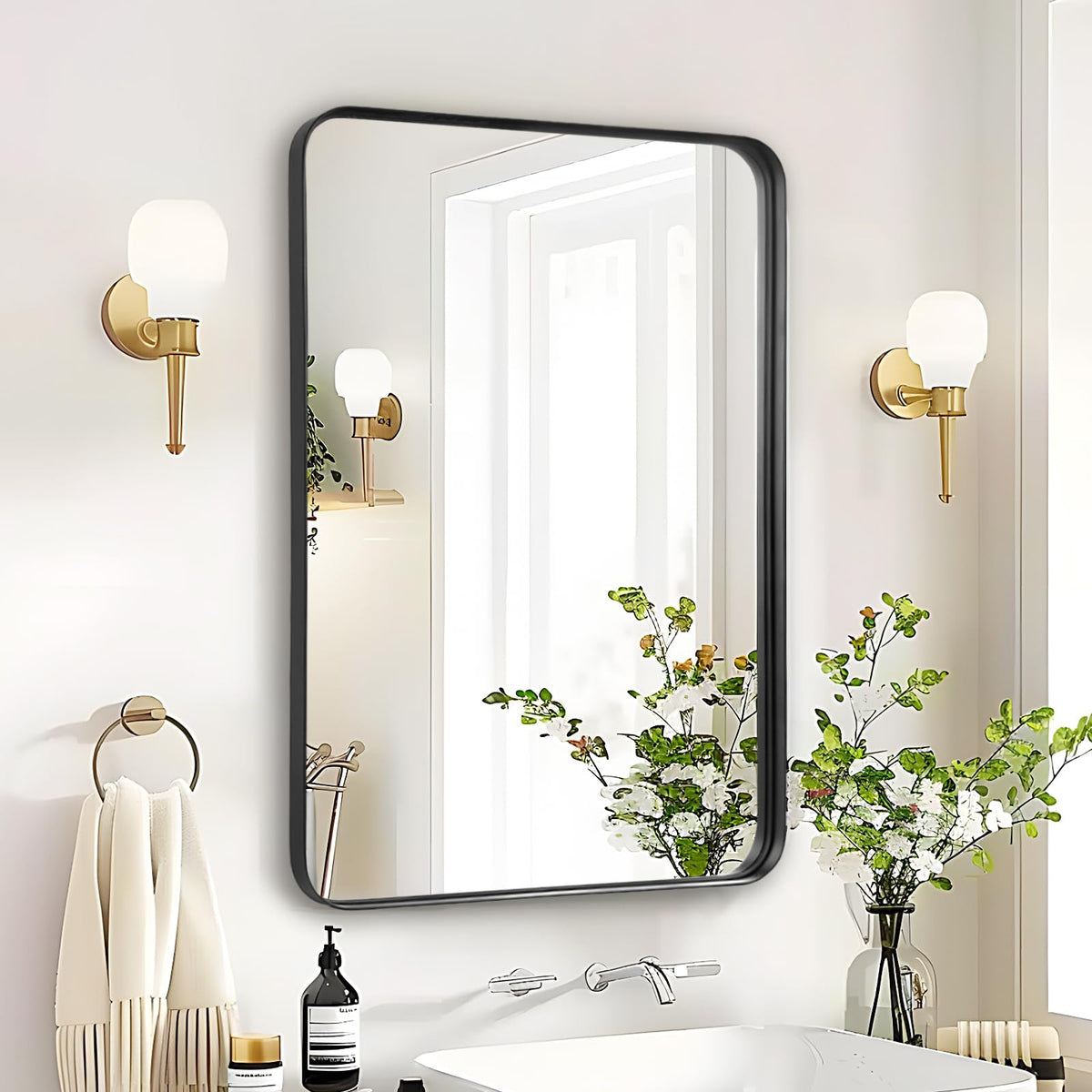 Rosynee front view of 24x36 mirror shows clean modern frame and bright reflection