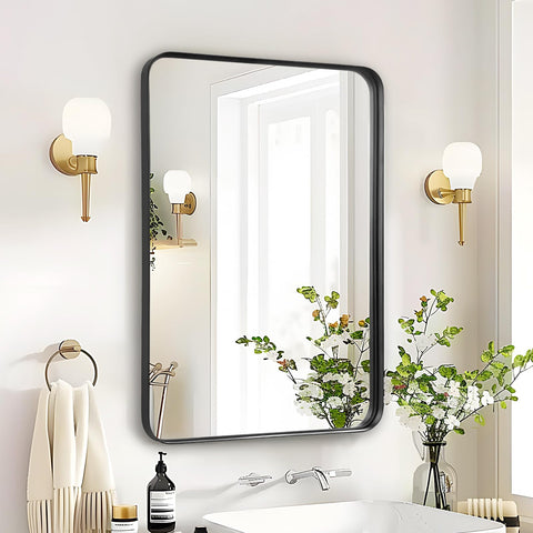 Rosynee front view of 24x36 mirror shows clean modern frame and bright reflection