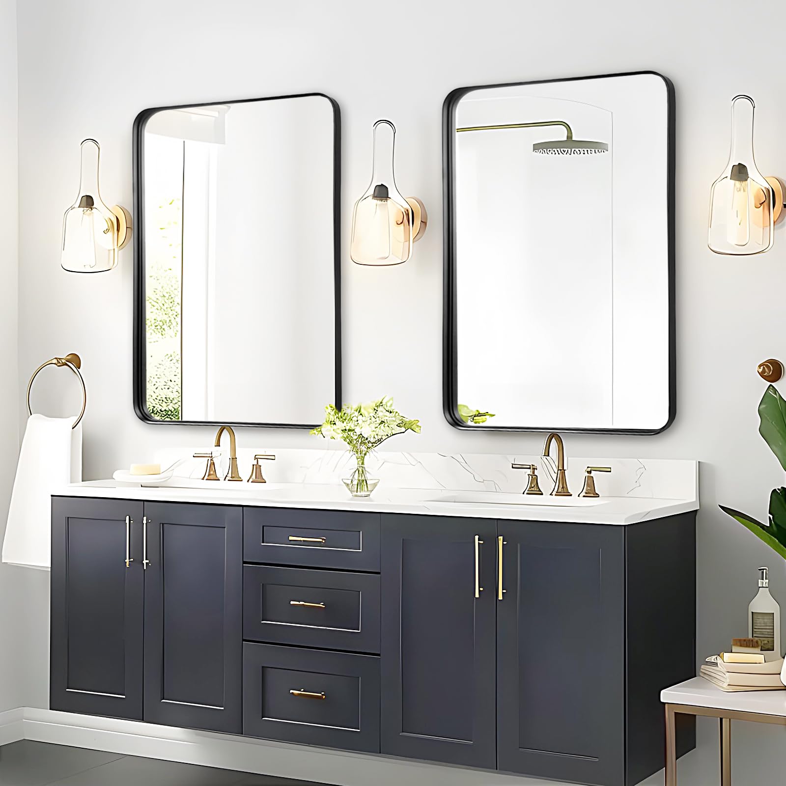 Rosynee mirror staged over sink in bathroom brightens and modernizes space