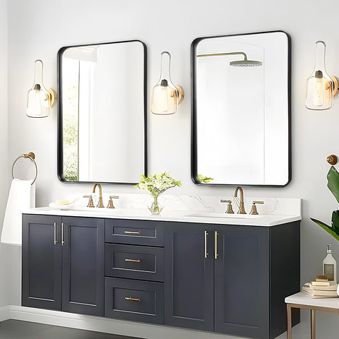 Rosynee mirror staged over sink in bathroom brightens and modernizes space