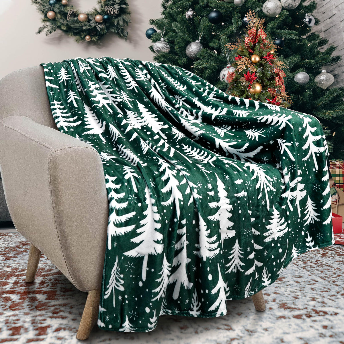 Roszwtit front view of Christmas tree throw showing print and color, ideal for holiday decor