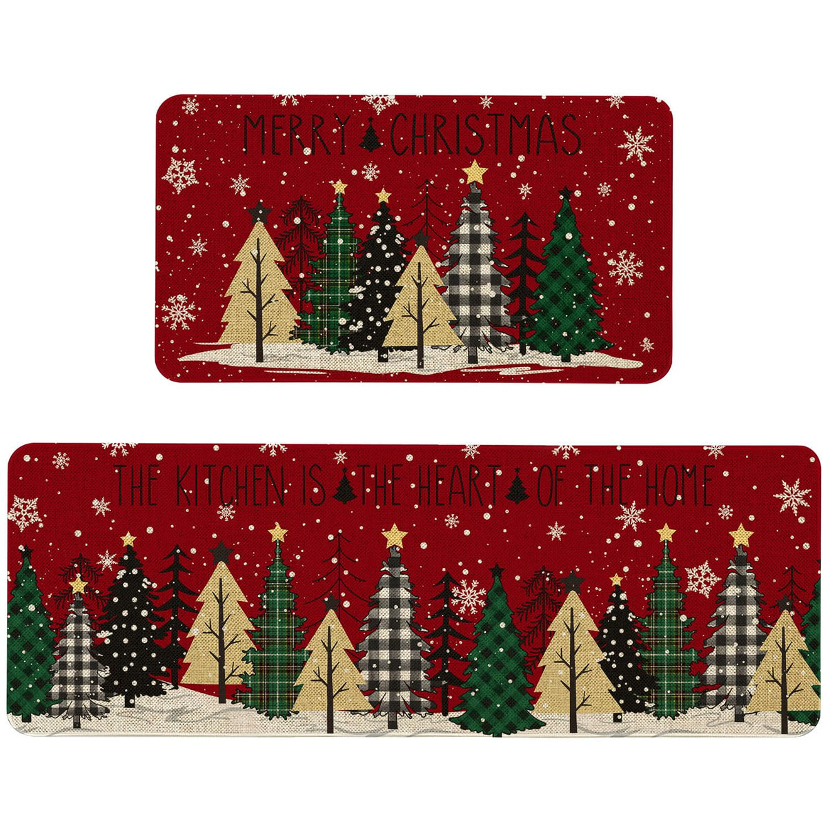 Roszwtit front view of both Christmas tree kitchen mats showing festive design and coverage.