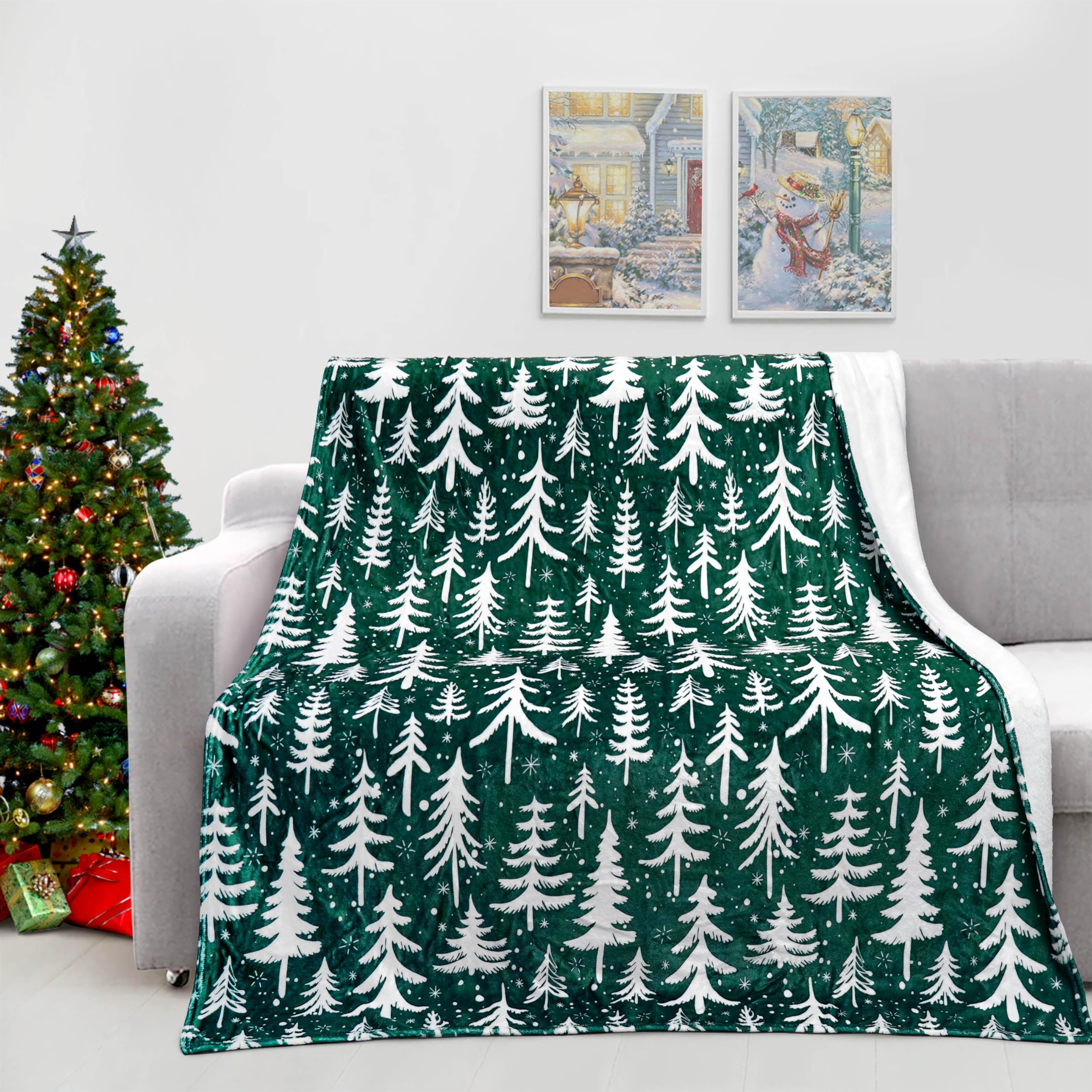 Roszwtit throw on sofa styled with pillows, adding festive cheer and cozy seating