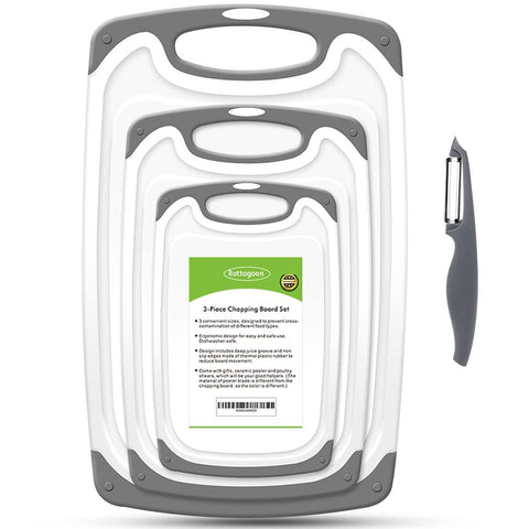 ROTTOGOON front view of gray cutting board set showing included peeler and sizes for organized prep