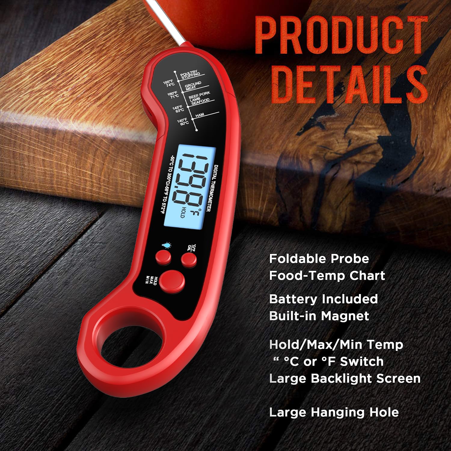 ROUUO probe inserted into steak on grill demonstrating instant temperature checks