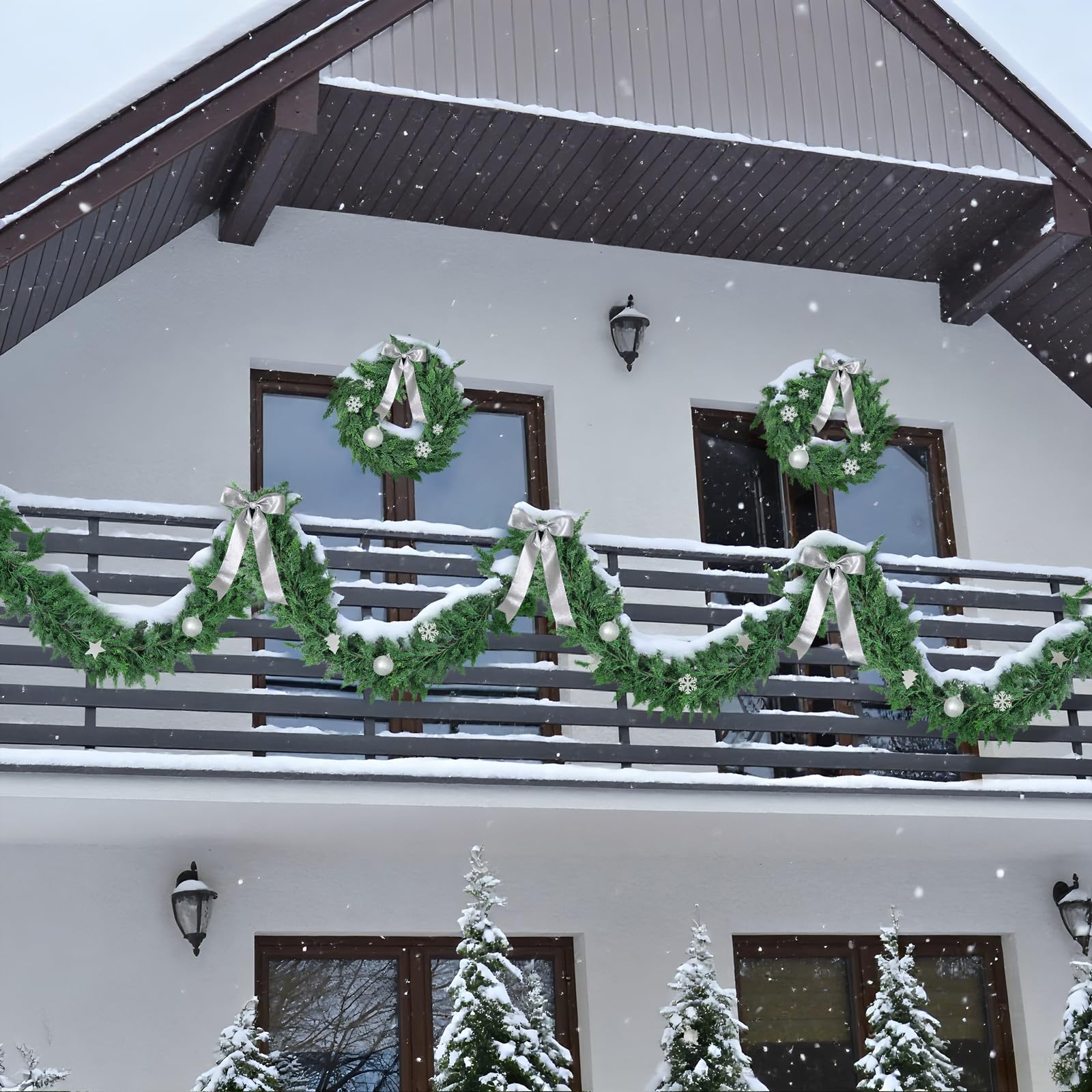 Rowfad garland decorated with lights and bows benefit: enhances festive ambience