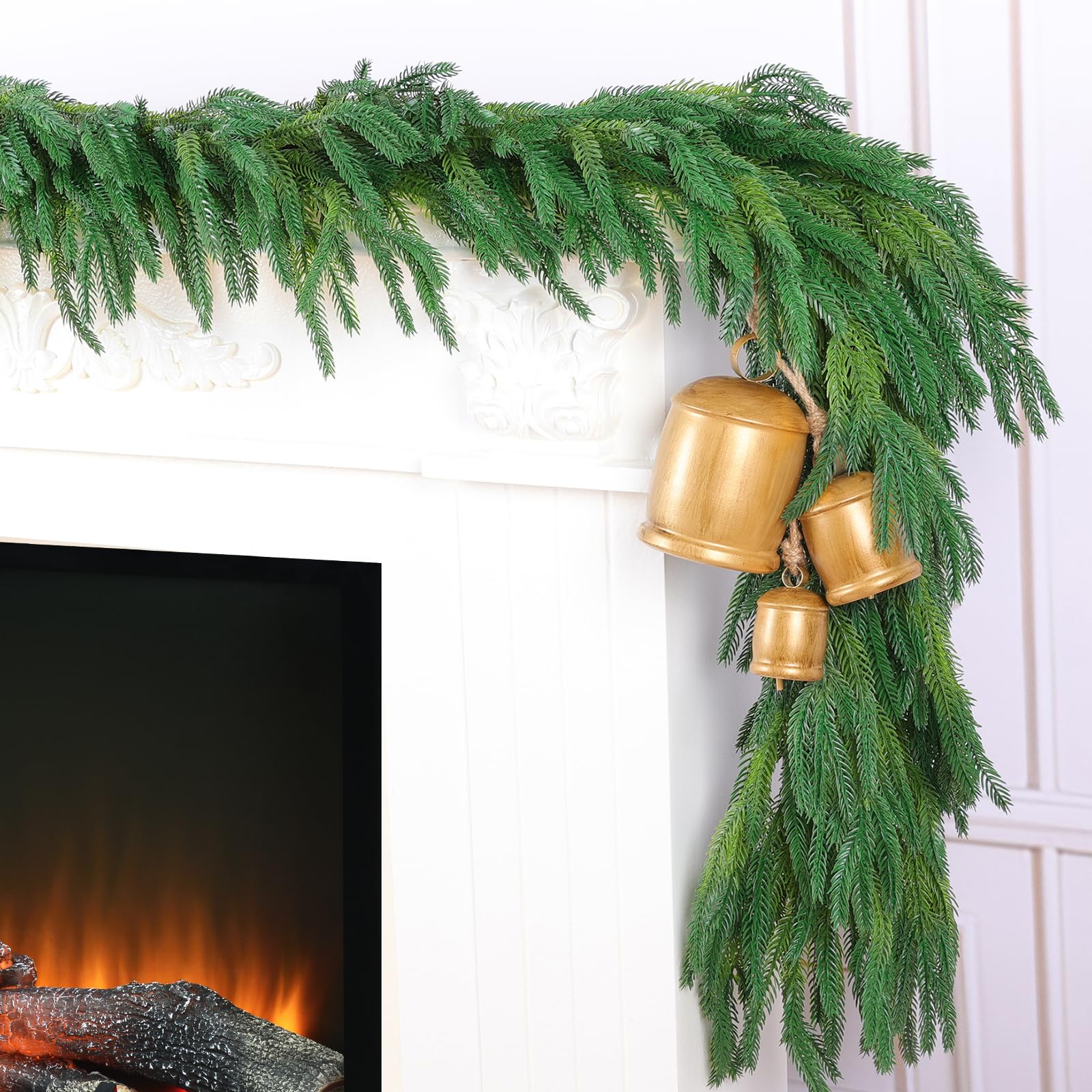 Rowfad garland front view on mantel showing full coverage and festive impact