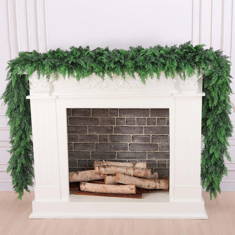 Rowfad garland draped on mantel in living room benefit: instant holiday atmosphere