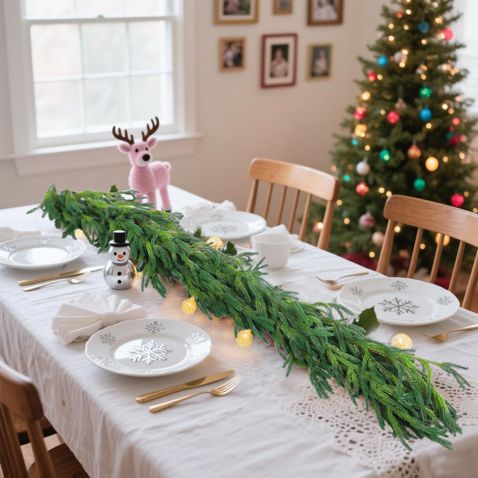 Rowfad garland next to ornament showing scale and decorating versatility
