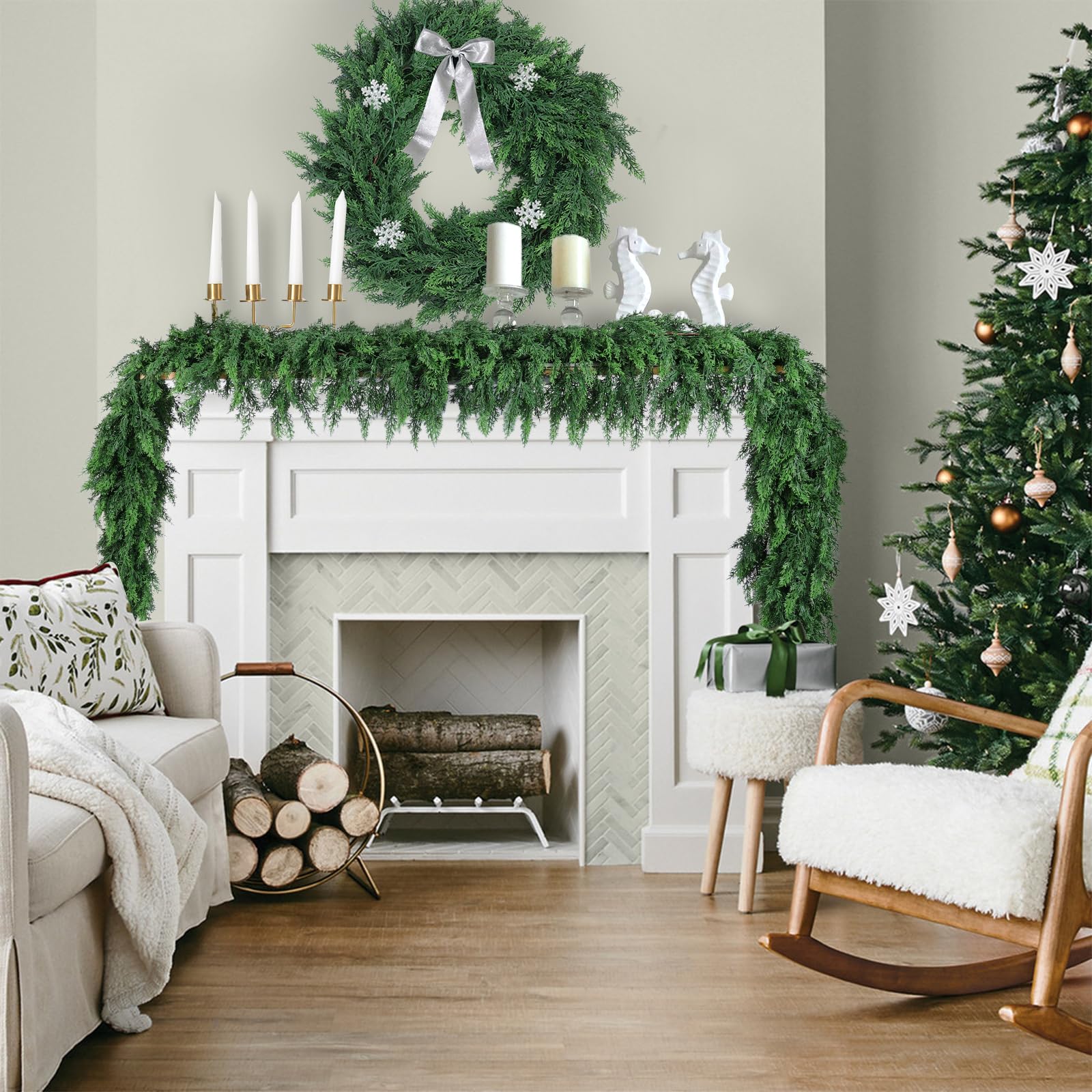 Rowfad garland used as table centerpiece with ornaments benefit: versatile decoration base