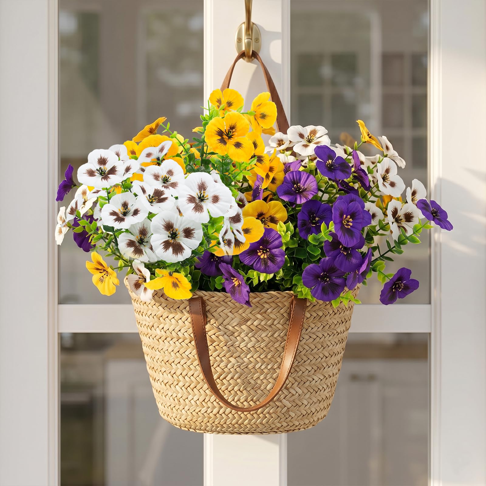 Rowfad hanging planter filled with artificial pansies showing vertical decorating option