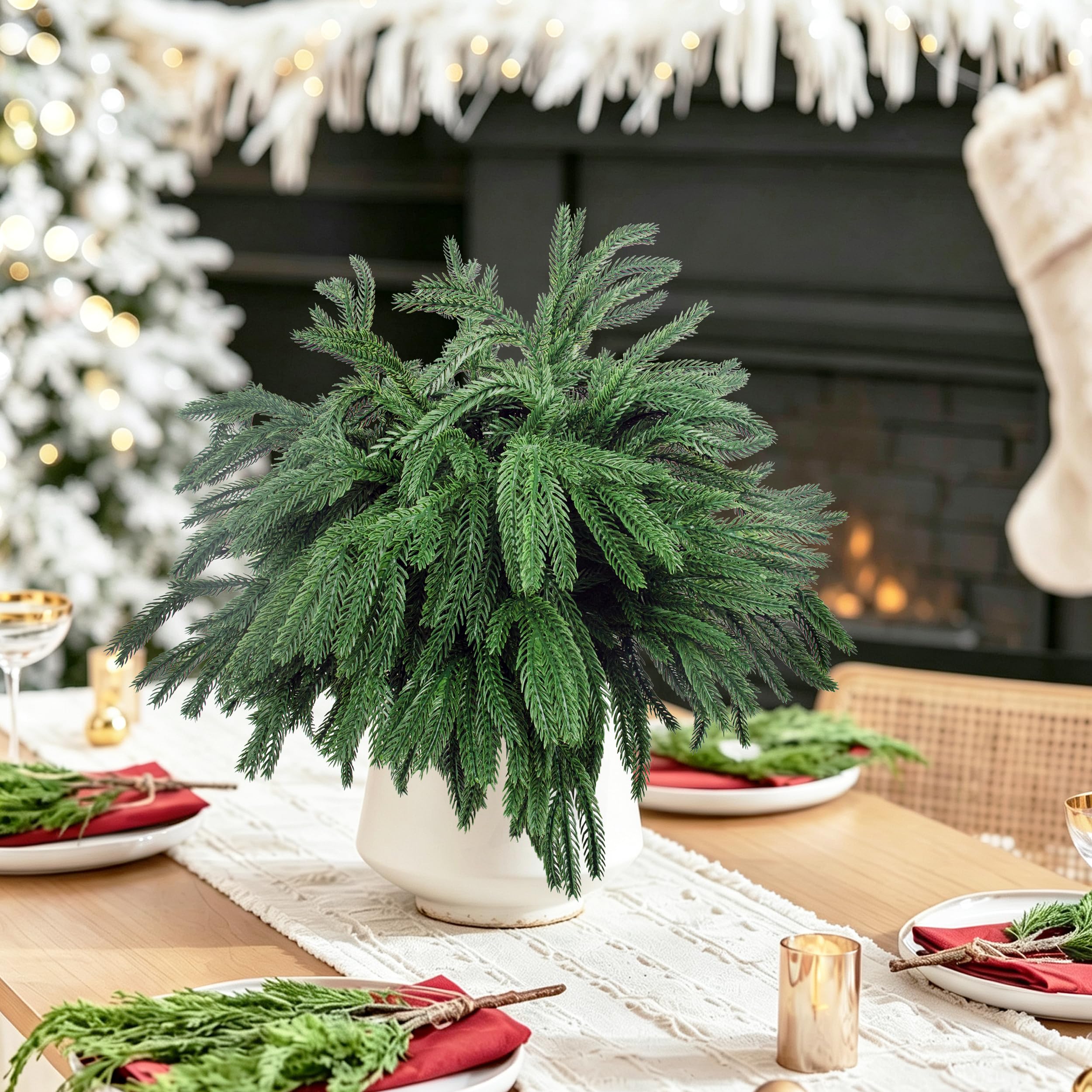 Rowfad table centerpiece with Norfolk pine creating a low-maintenance focal point