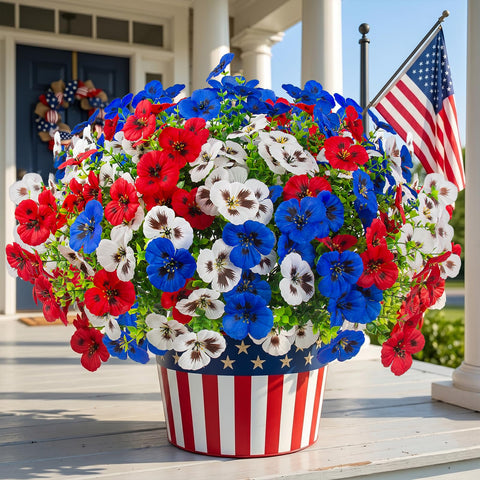 Rowfad front packaging showing 36 red white blue pansies, instant patriotic curb appeal