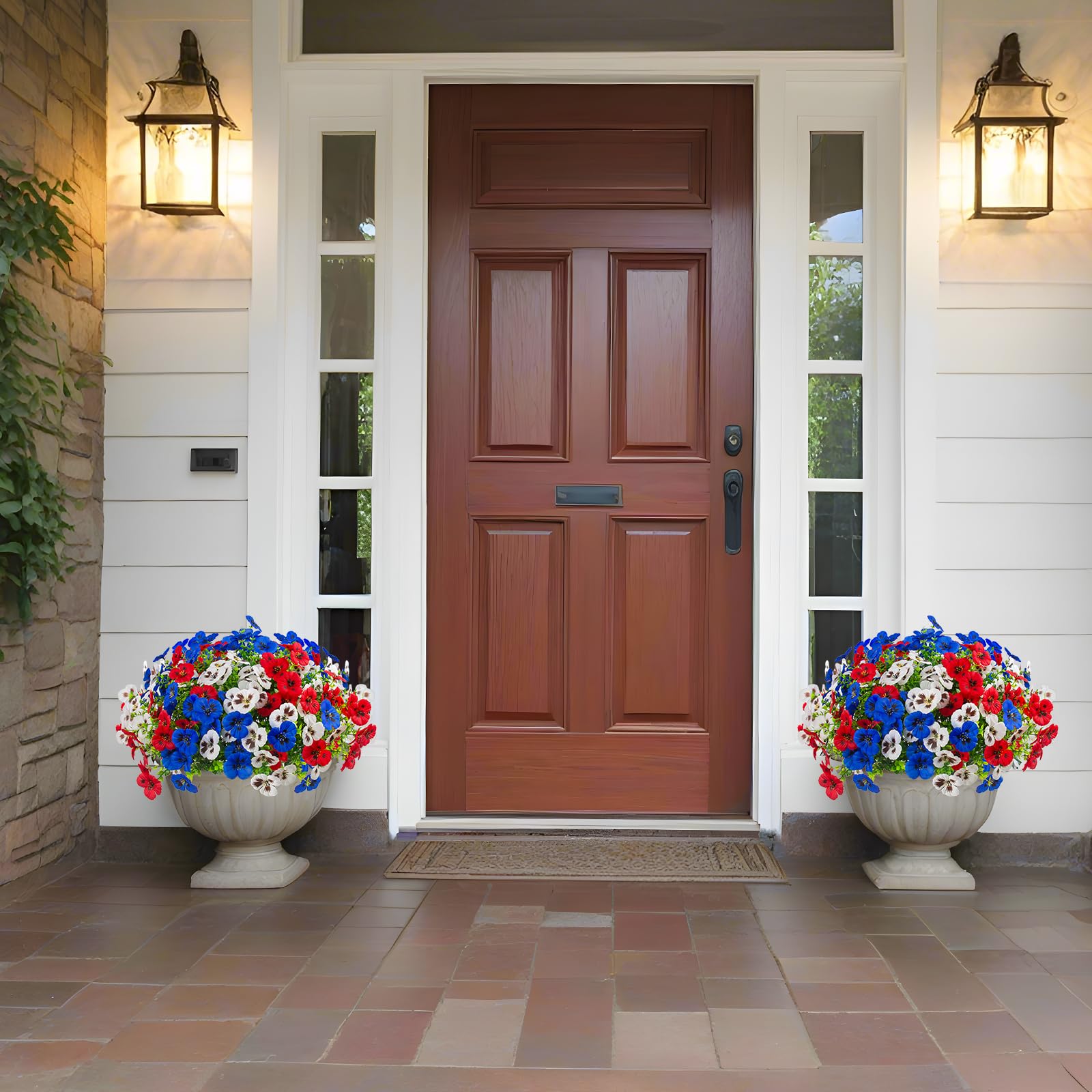 Rowfad pansies arranged in ceramic planter creating vibrant porch focal point