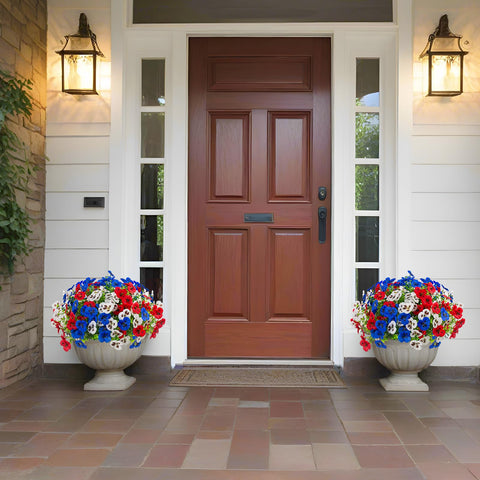 Rowfad pansies arranged in ceramic planter creating vibrant porch focal point