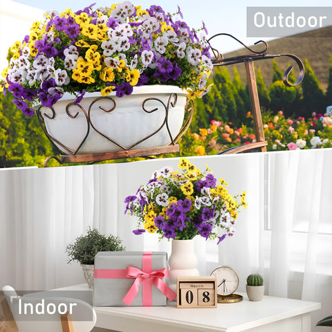 Rowfad styled planter display with faux pansies adding colorful, low-maintenance decor