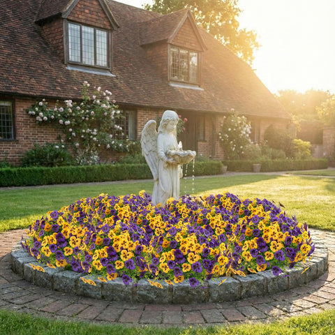 Rowfad potted planter display of faux pansies brightening container without watering