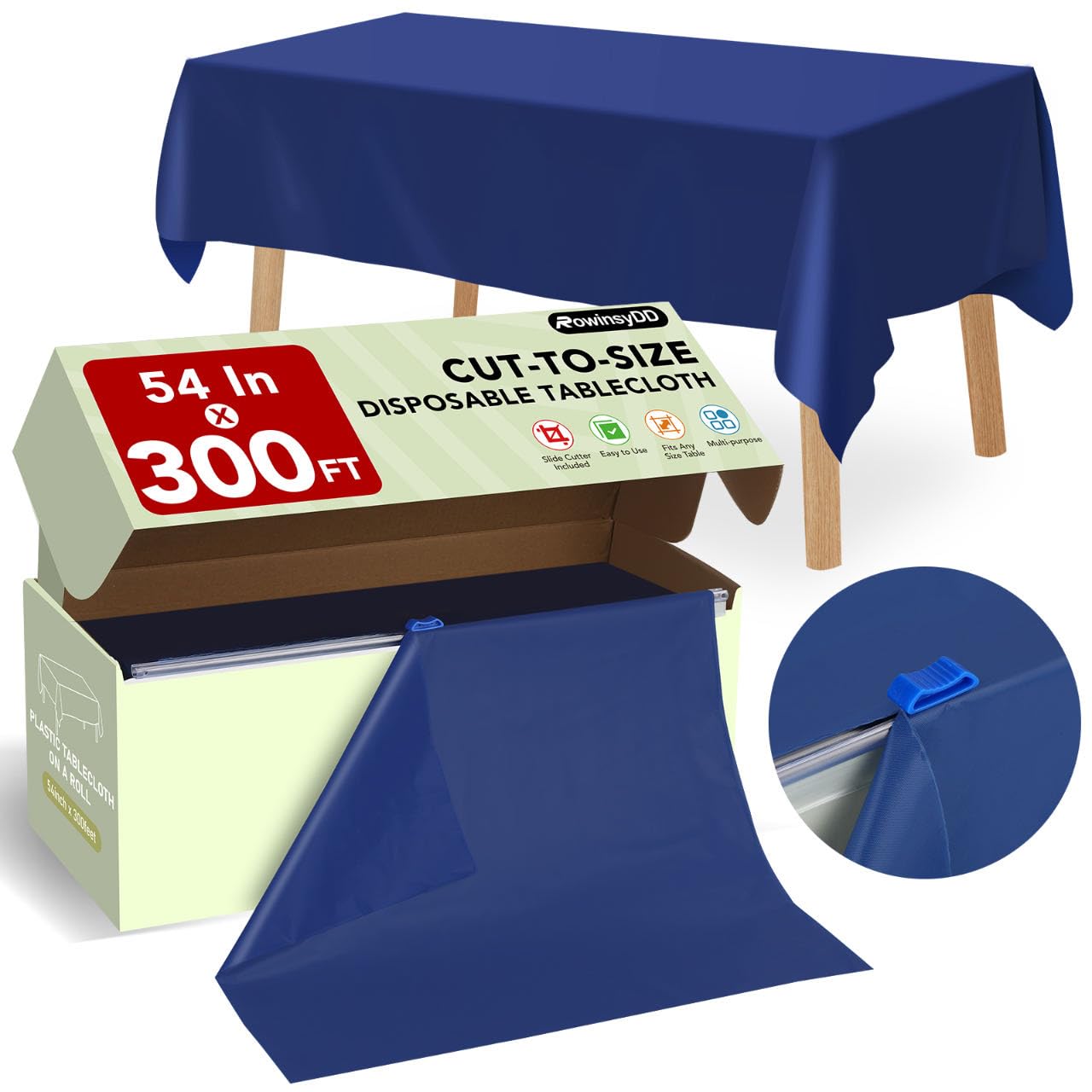 RowinsyDD front packaging of blue roll showing dimensions and cutter, convenient protection