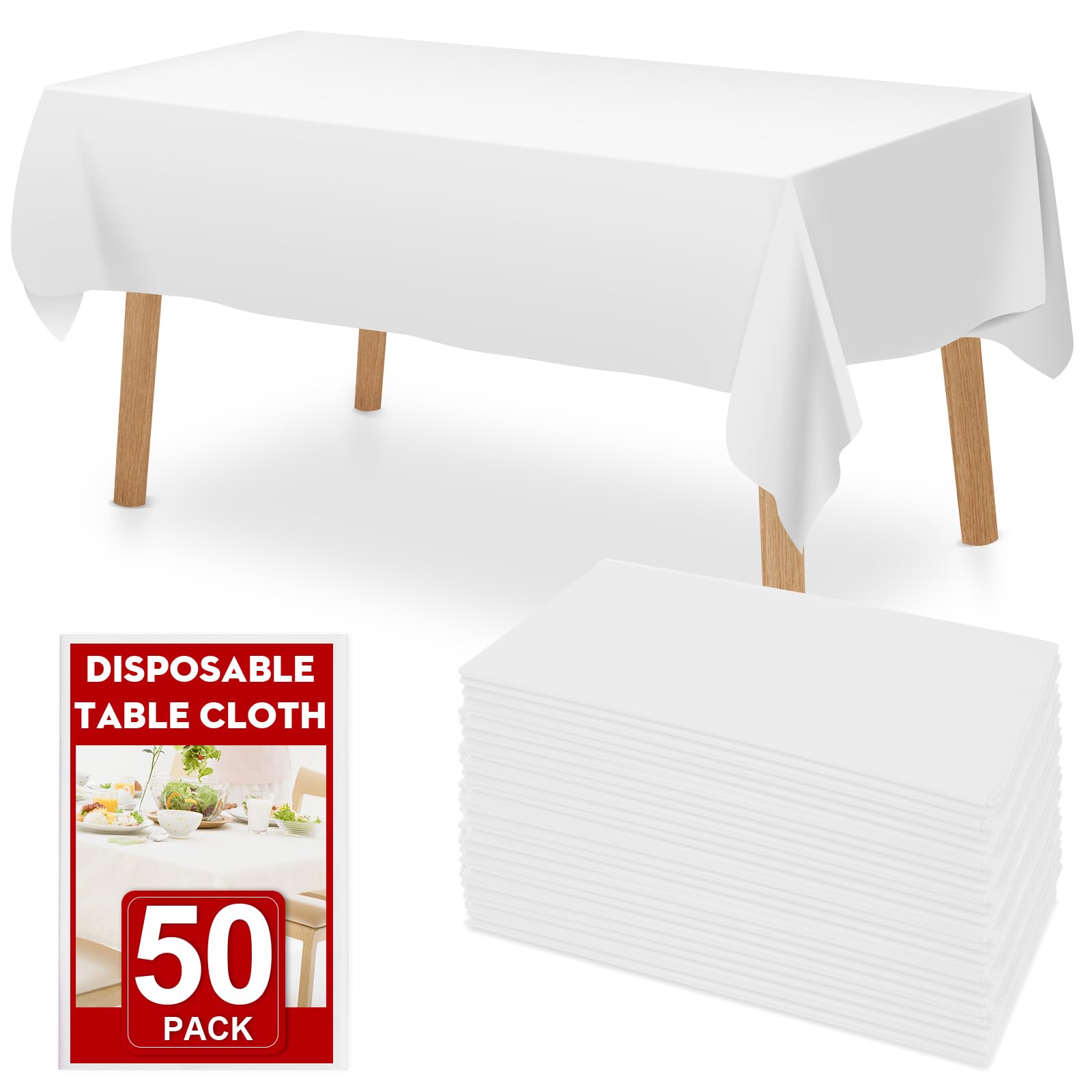 RowinsyDD front pack of 50 white tablecloths showing quantity and clean protection