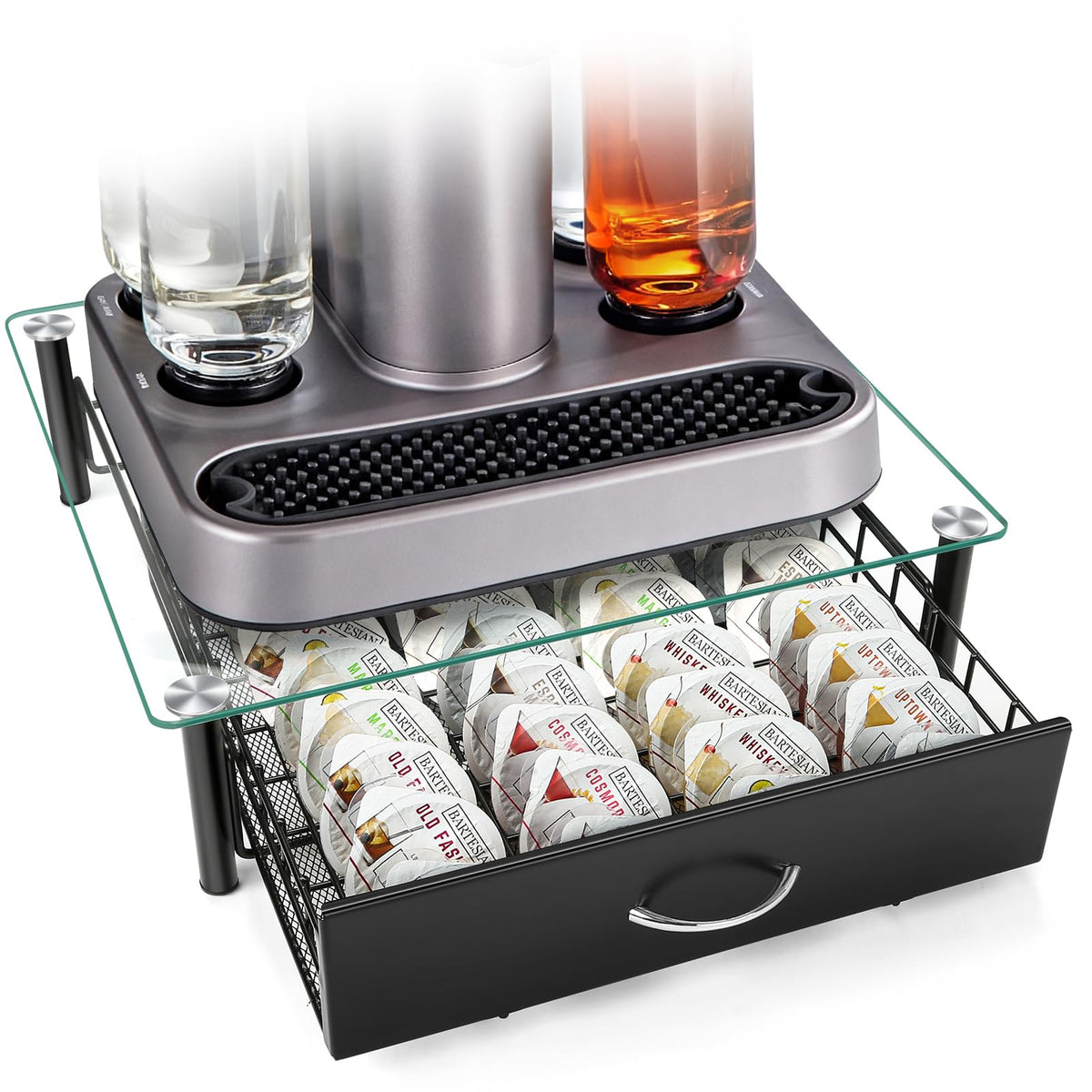 ROWISE front view under machine keeps pods organized and saves counter space