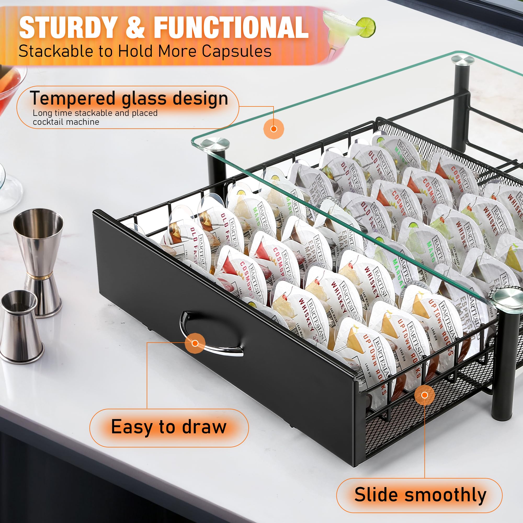 ROWISE open drawer holding 36 pods for fast access during entertaining benefit