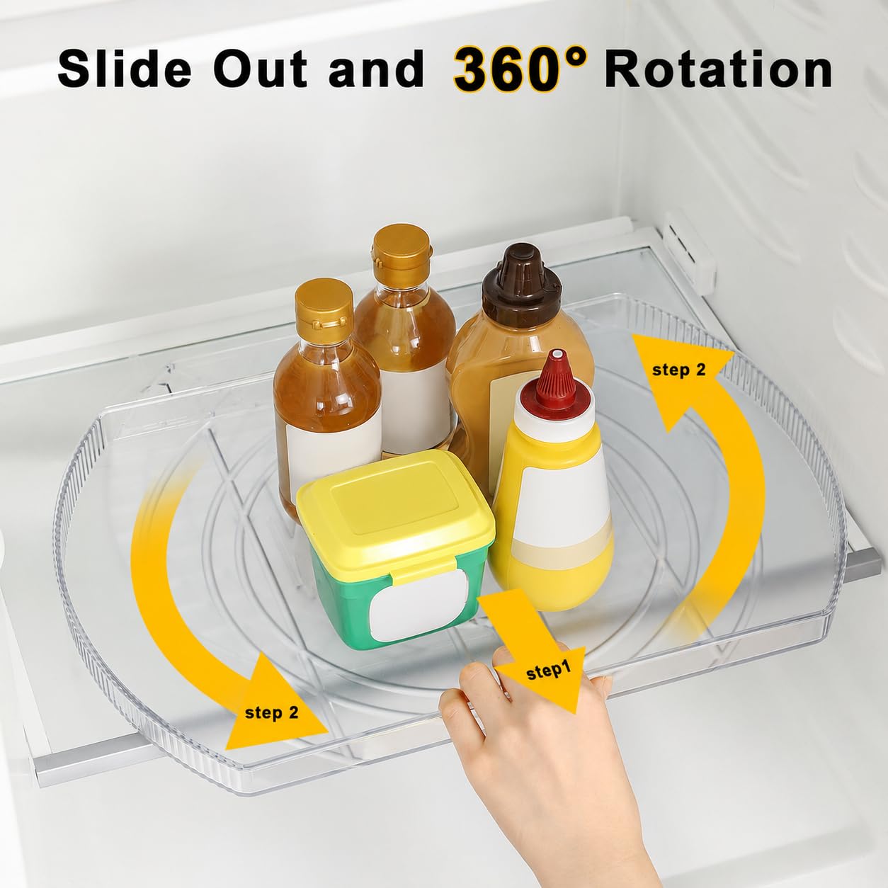 ROWNYEON rotating inside a refrigerator demonstrating easy reach and fast selection