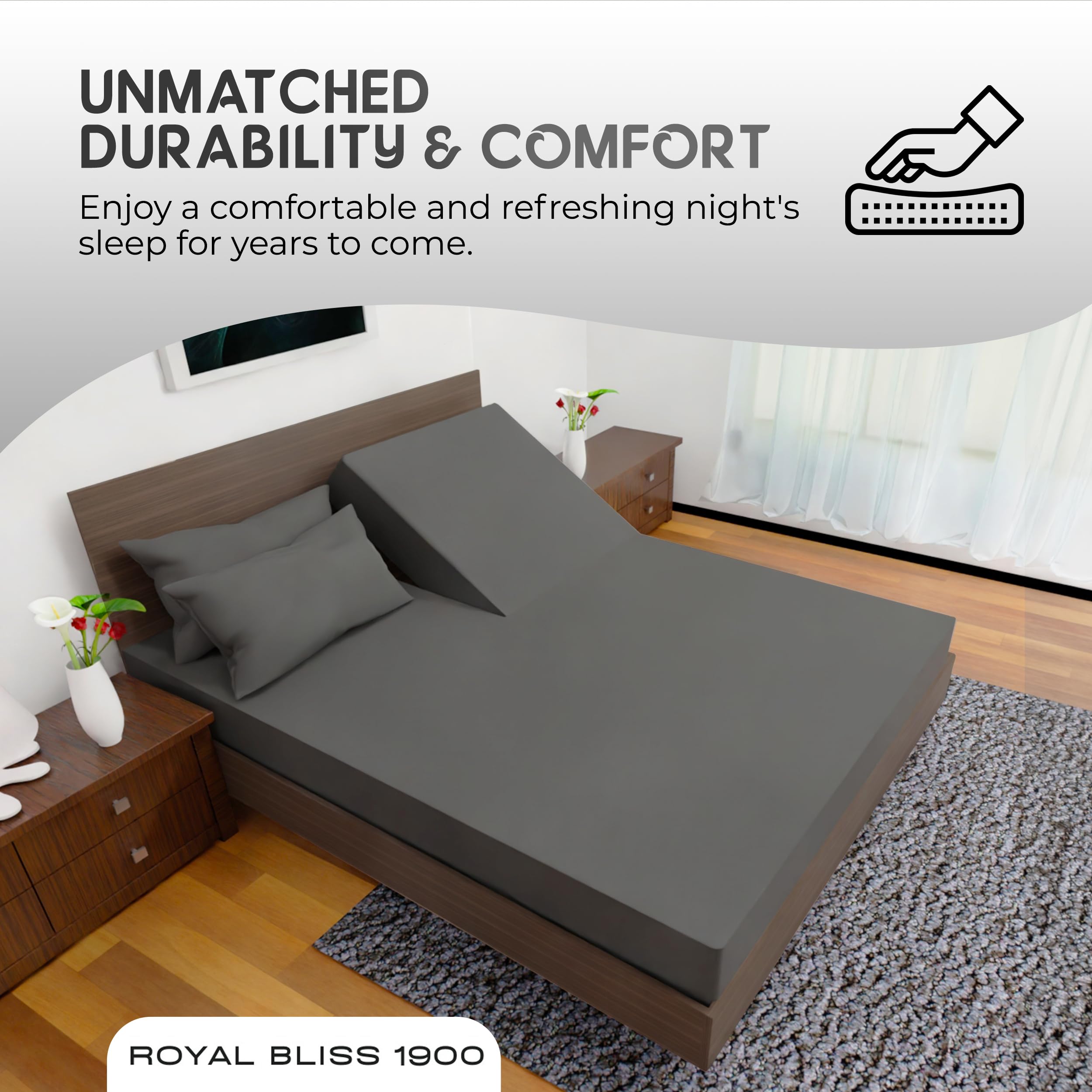 Royal Bliss 1900 deep pocket fitted sheet demonstrating 16-inch pocket depth for thick mattresses