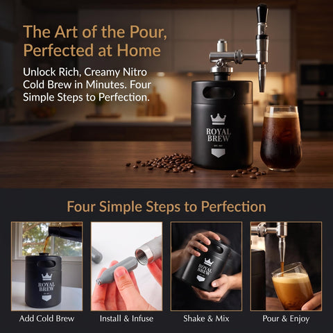 ROYAL BREW pouring a nitro-filled pint with creamy head for café-style serve