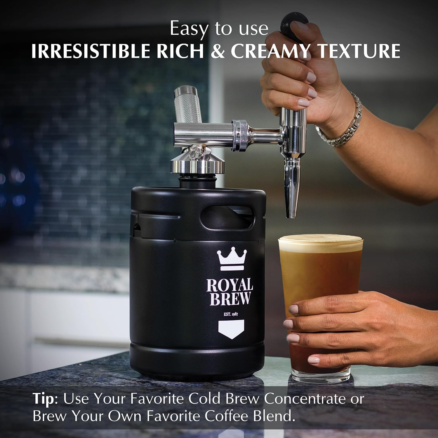 ROYAL BREW keg inside refrigerator illustrating compact storage and chilling