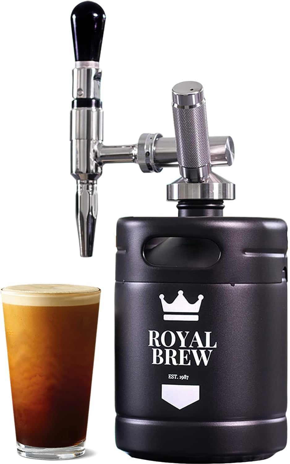 ROYAL BREW front view of 64 oz black nitro keg showing compact, durable design