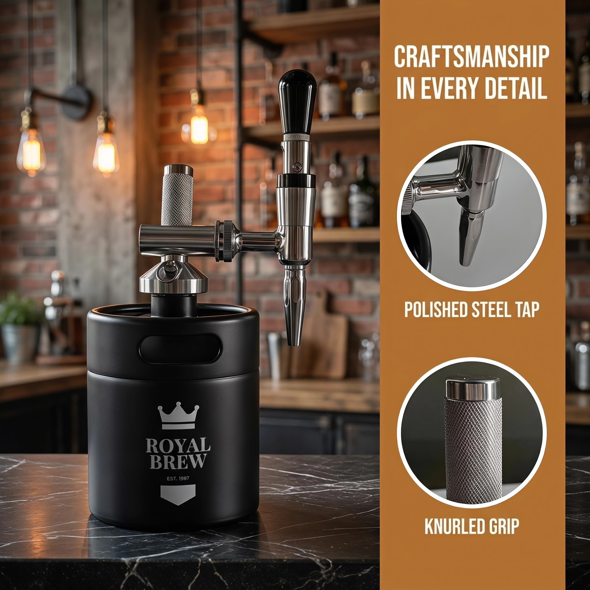 ROYAL BREW stout creamer faucet close-up emphasizing smooth draft pours