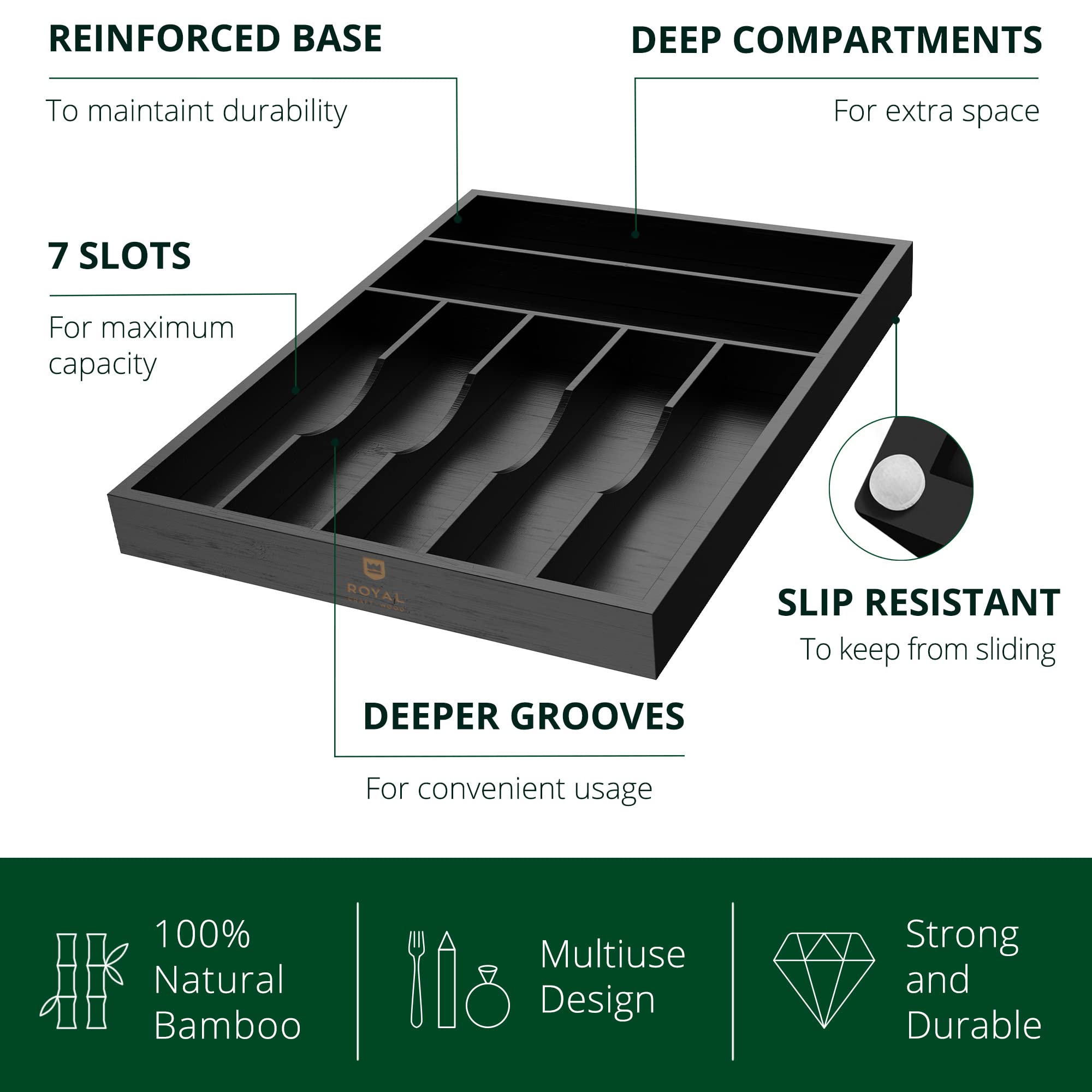 ROYAL CRAFT WOOD closeup of seven compartments highlighting deep storage benefit