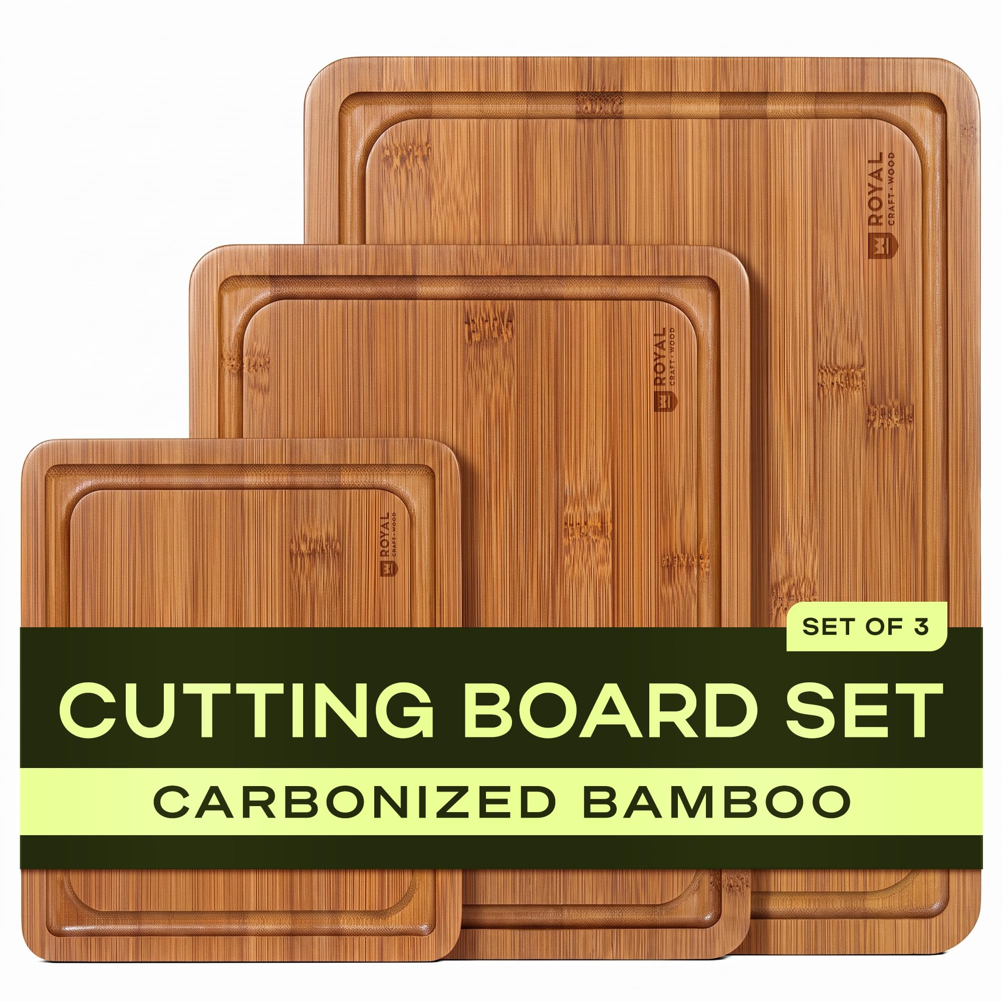 ROYAL CRAFT WOOD front view of three boards showing sizes and benefit durability